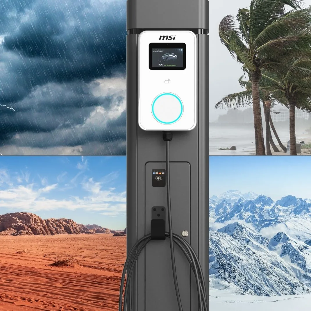 MSI Eco Series Charger with a variety of weather conditions to show its IP65 reliability